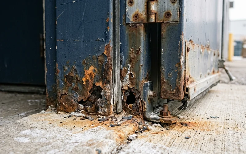Bottom of a steel door frame perforated by road salt corrosion