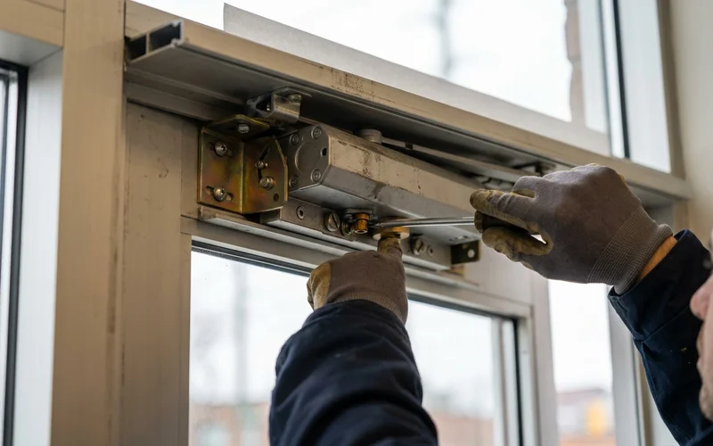 Dorma RTS88 concealed overhead closer being adjusted in a storefront header
