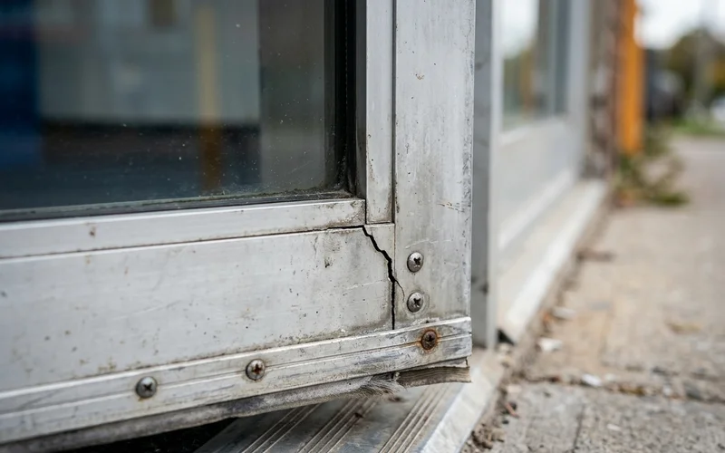 Cracked corner joint on a worn narrow stile storefront door before replacement