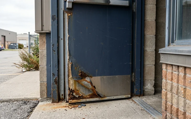 Delaminated hollow metal door skin peeling at the bottom edge before replacement
