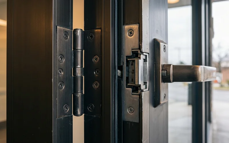 Electrified strike and continuous hinge on a wide stile aluminum entrance door