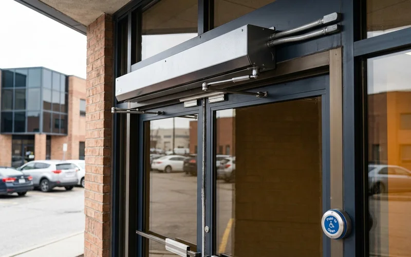 Low-energy swing door operator mounted on an aluminum entrance header