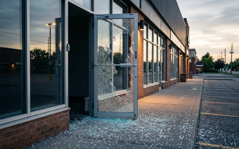 Shattered tempered glass storefront door after a break-in