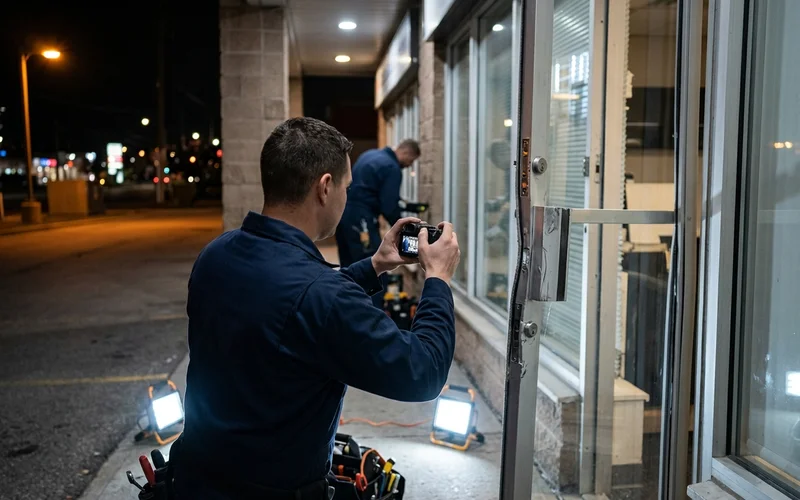 Technician photographing a pried door frame and bent lock stile for an insurance claim