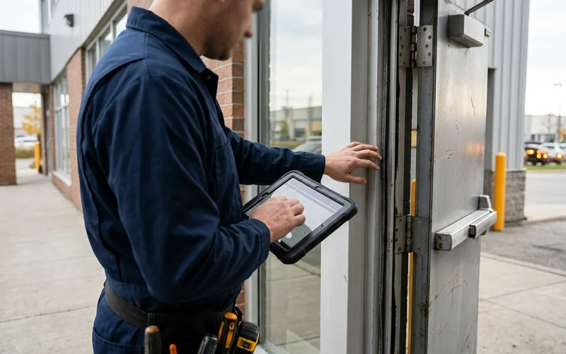 Technician logging door condition in a shared tracker during a maintenance walk