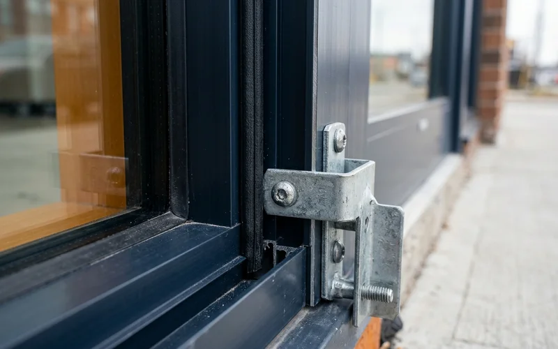 Thermally broken aluminum storefront frame with glazing gasket and anchor clip