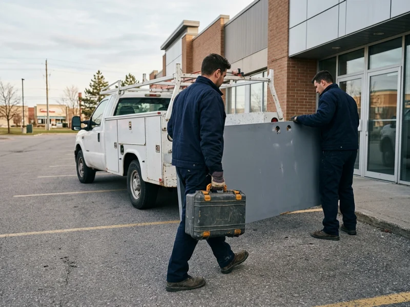Service truck outside a GTA business park with technicians carrying a door