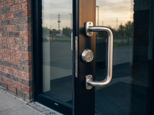 Deadlock and pull handle on a new black anodized storefront door