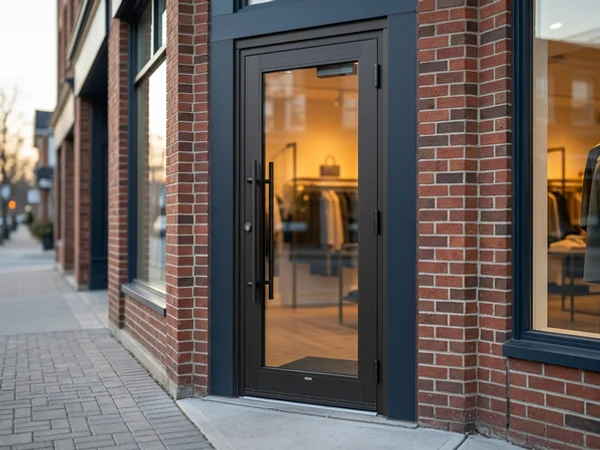 After: new full-lite boutique door with matched hardware