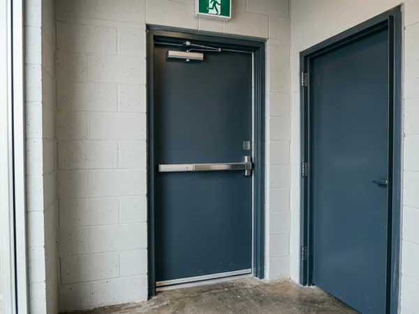 After: new exit door with exit device and labelled frame