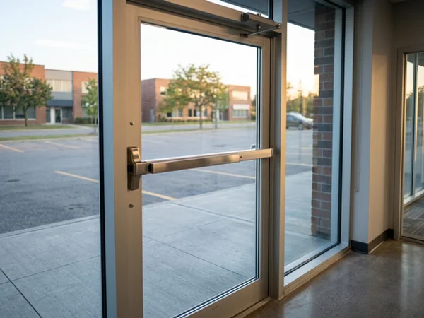 New aluminum entrance with narrow stile exit device at a tenant suite