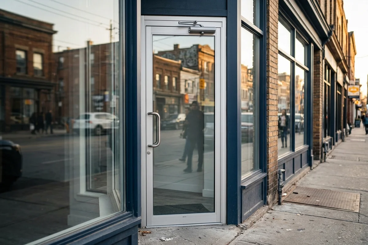 Storefront door with new pull handle and Dorma closer on Church Street in Toronto