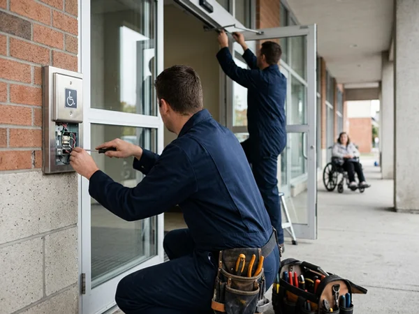 Automatic swing door opening at a medical suite entrance