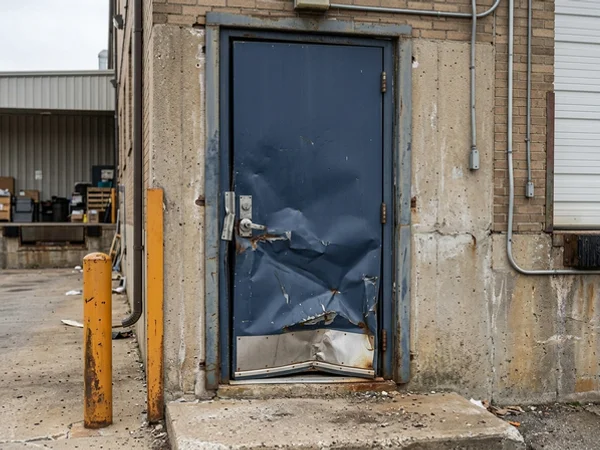 Before: kicked-in steel dock door at a Vaughan warehouse
