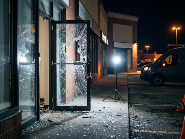 Before: shattered storefront door after a break-in in Scarborough