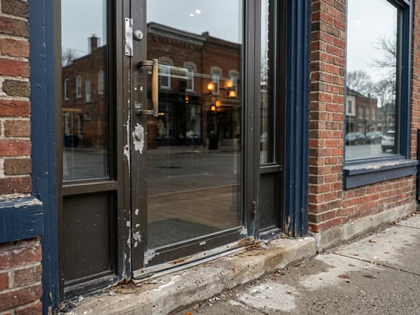 Before: worn boutique door with chipped stile in Oakville