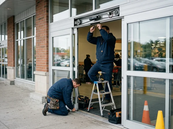 Bi-parting automatic sliding entrance at a grocery store