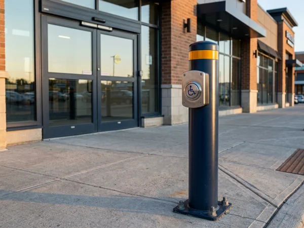 Bollard-mounted accessibility push button outside a plaza entrance