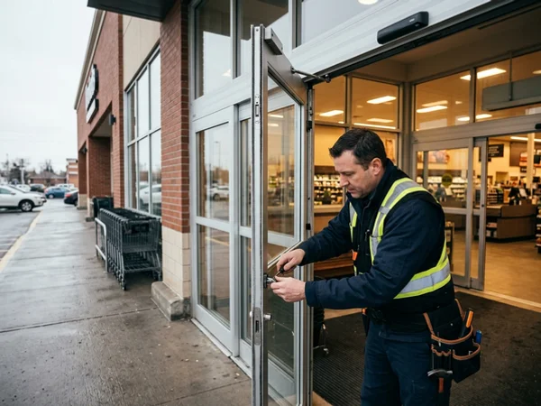 Checking the breakout panel on a grocery store sliding entrance