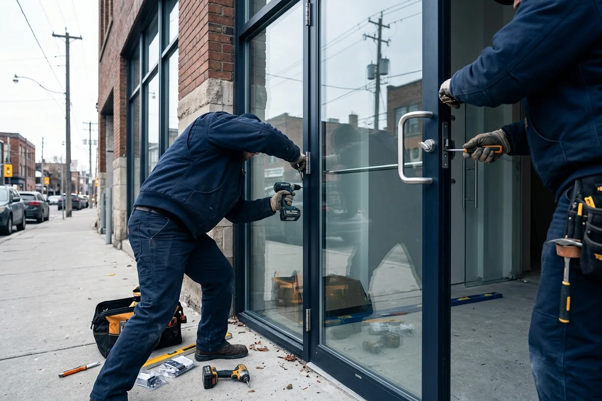 Crew in navy workwear finishing an aluminum commercial entrance install in Toronto