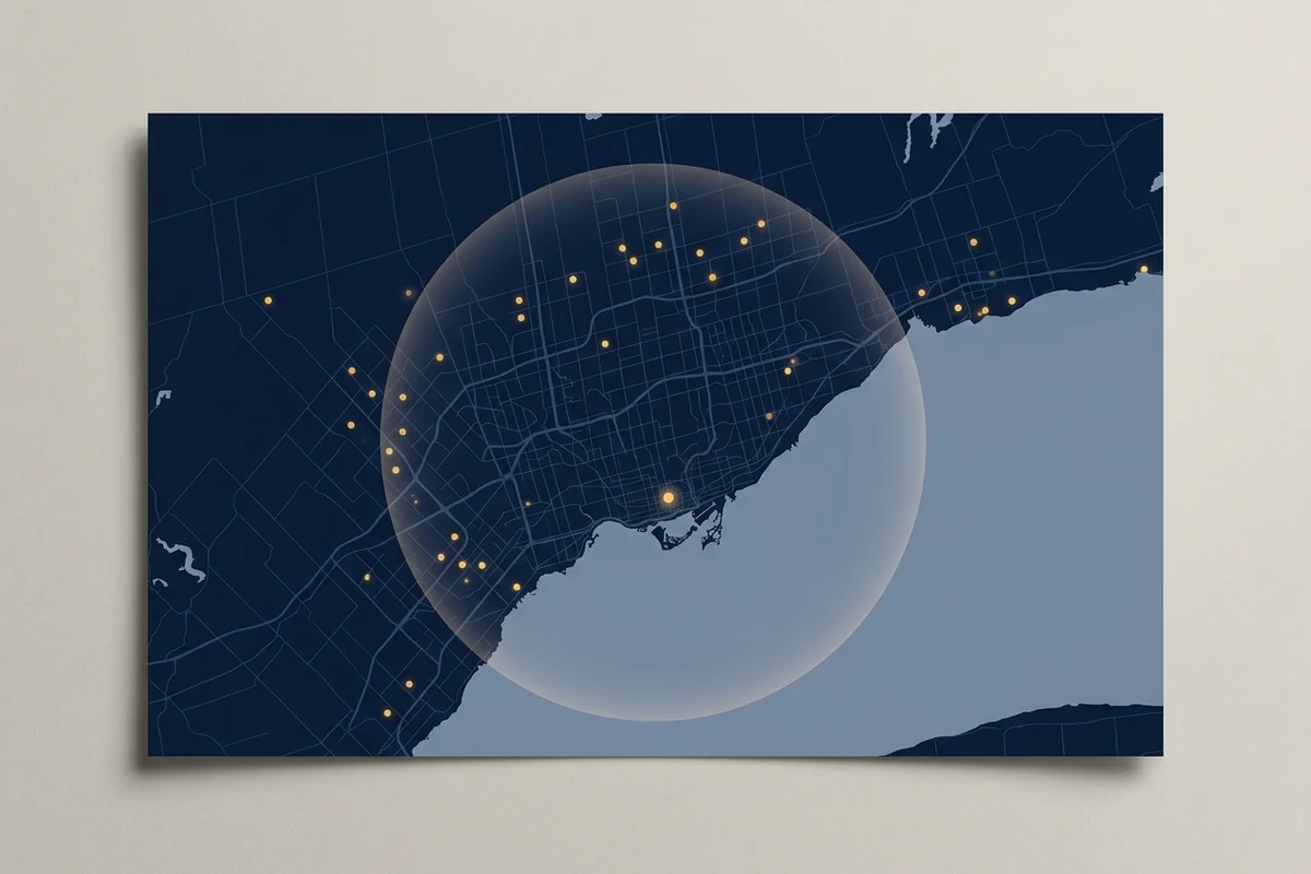 Map of the Greater Toronto Area showing a 50km coverage radius