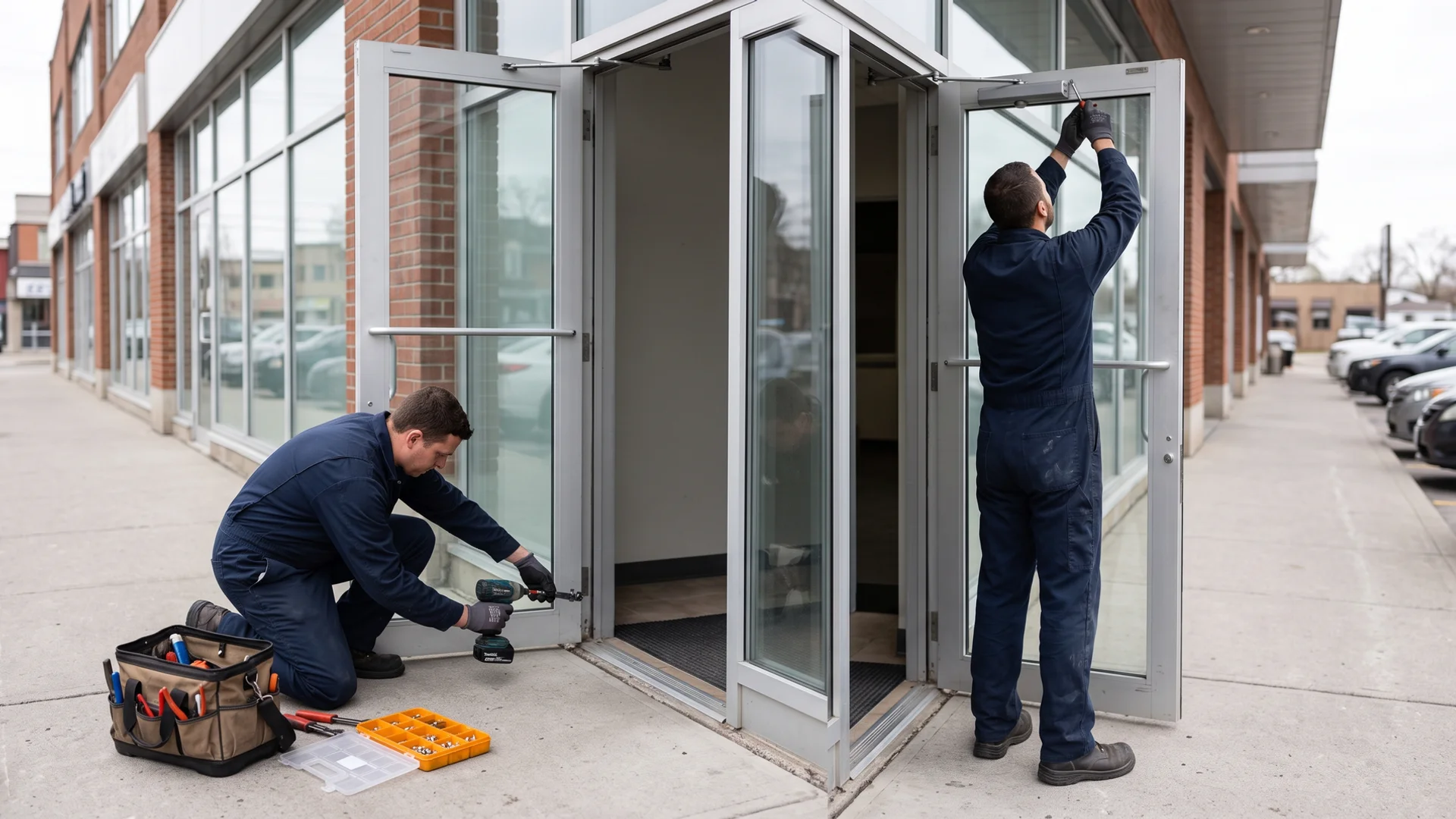 Commercial door crew servicing an aluminum entrance at a GTA building