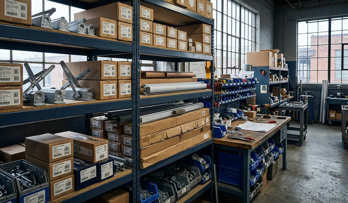 Shelves stocked with commercial closers, exit devices and pivots