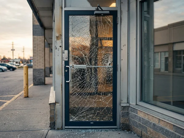 Cracked laminated glass still holding after a forced entry attempt