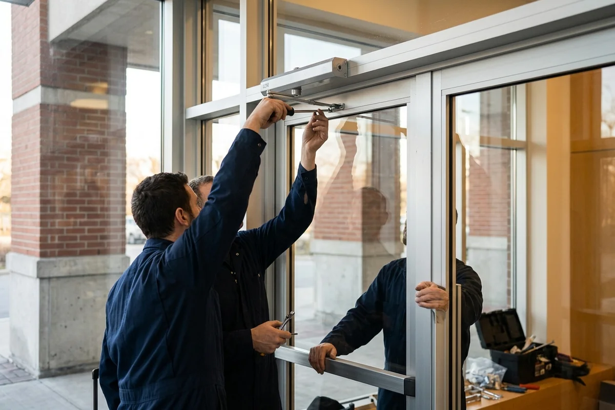 Adjusting an LCN closer on a lobby door during a weekend install