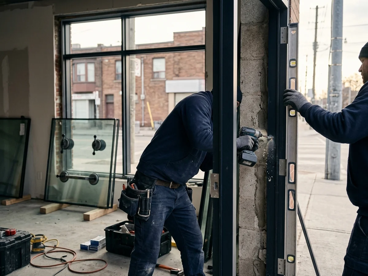 Crew anchoring a new aluminum storefront frame in a GTA retail unit