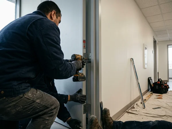 Hanging a labelled 60-minute fire door in a medical office corridor