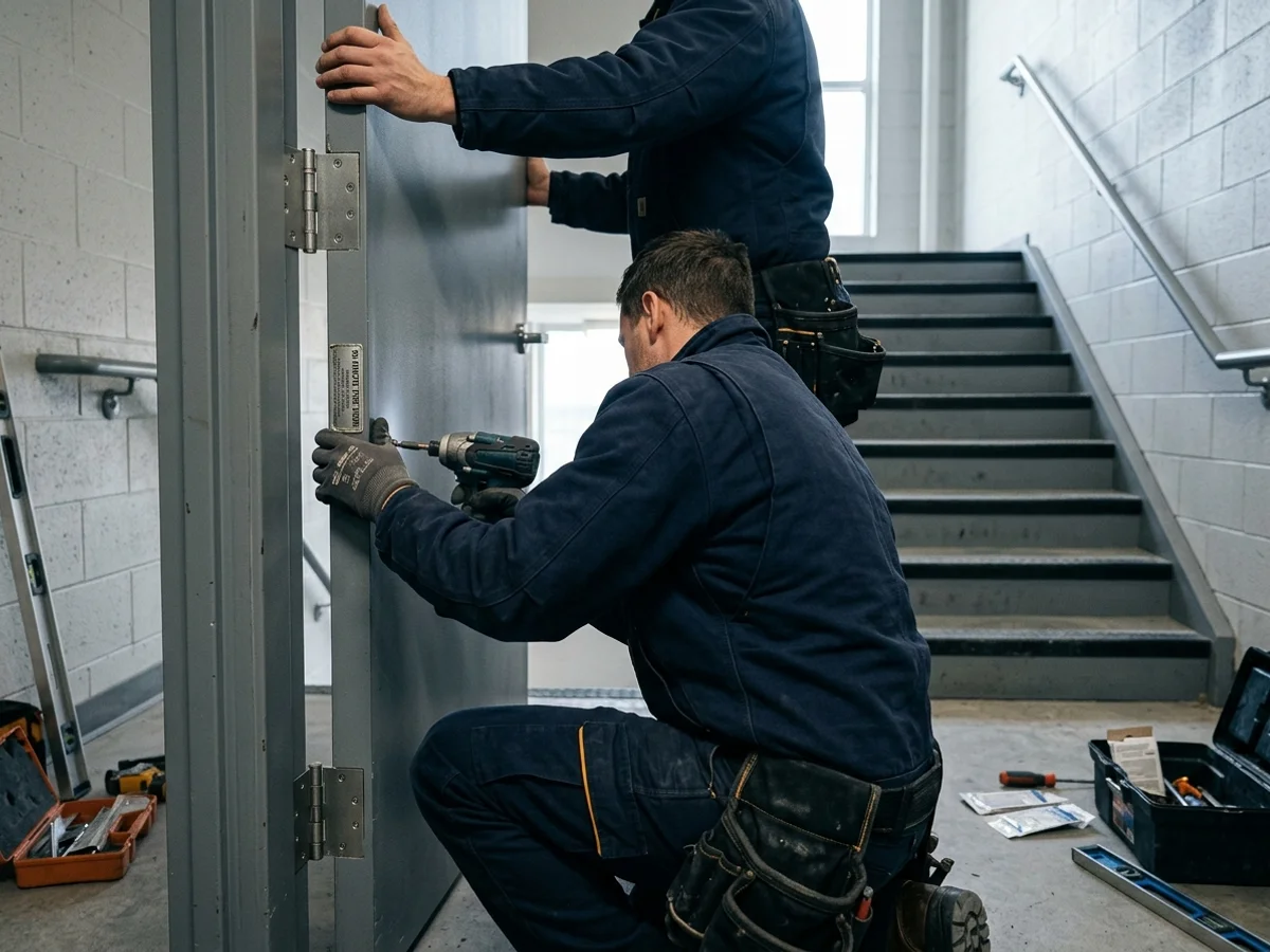 Crew installing a labelled 90-minute hollow metal fire door in a Toronto office tower stairwell