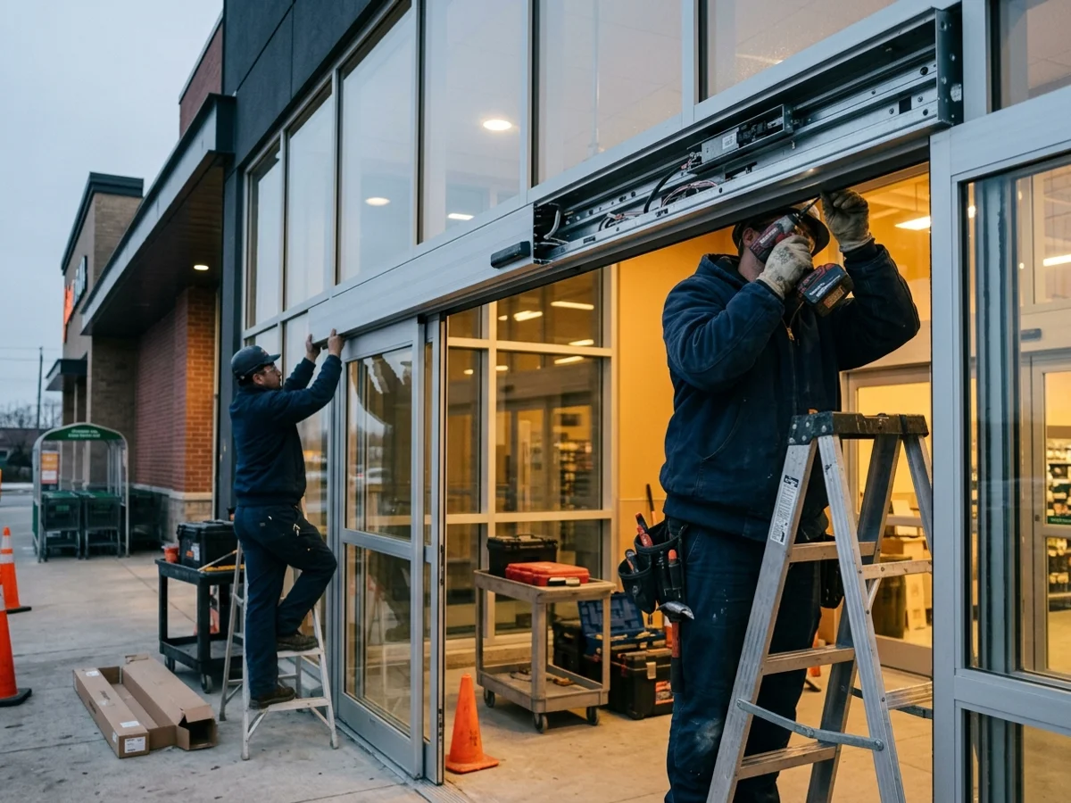 Crew installing the header of a bi-parting automatic sliding entrance at a GTA grocery store