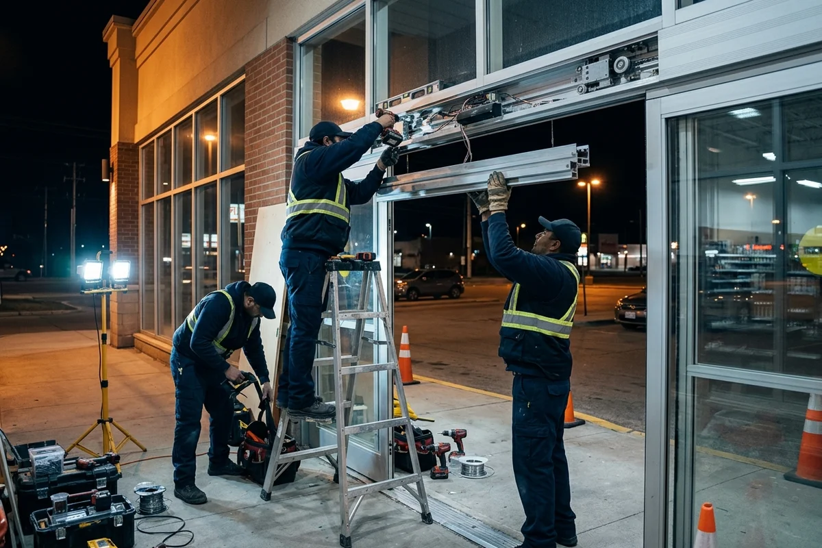 Mounting an automatic sliding door header overnight at a grocery entrance