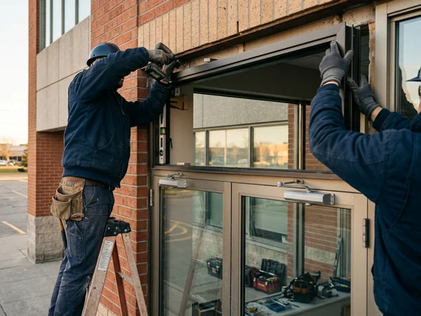 Setting a thermally broken transom frame above an office entrance