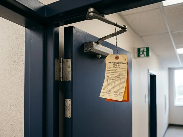 Dated service tag on a corridor fire door after inspection