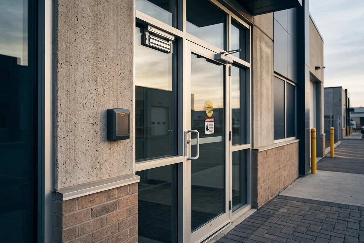 FOB reader beside an aluminum entrance with a magnetic lock at a Newmarket building