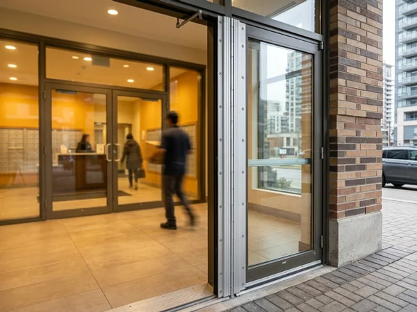 Continuous geared hinge installed on a condo lobby door