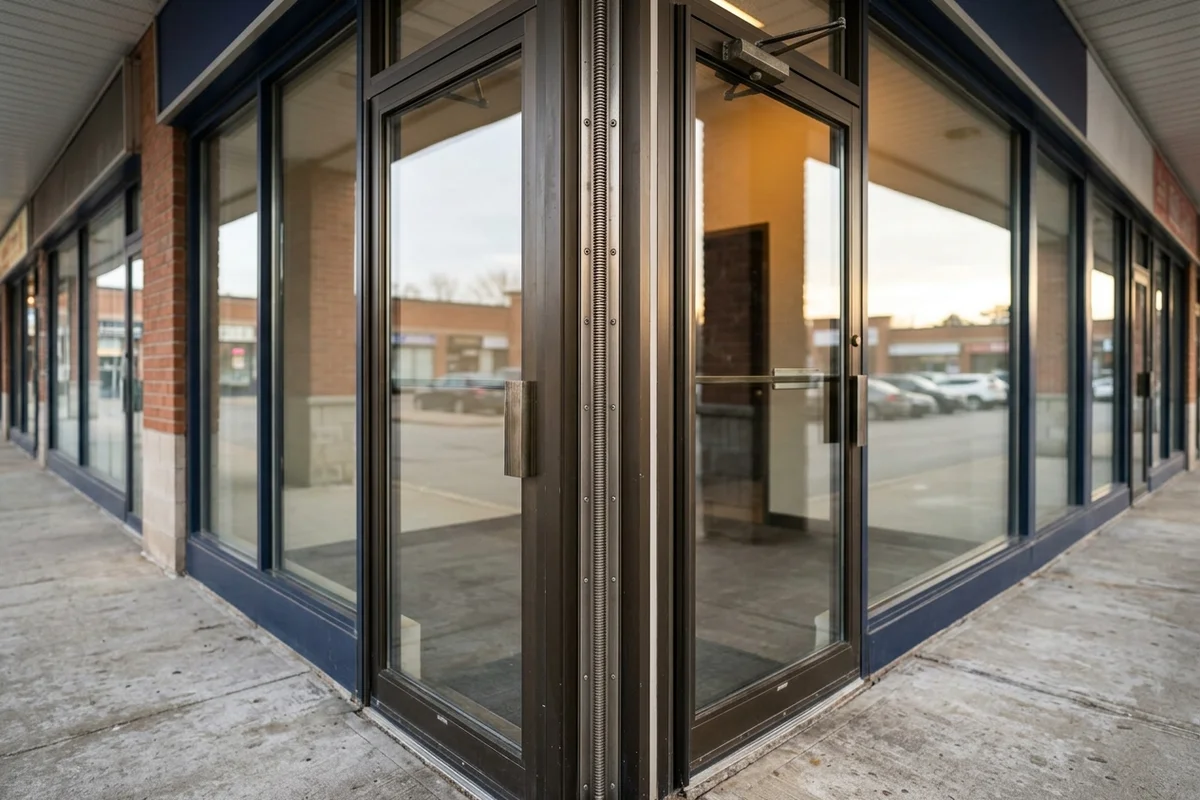 Continuous geared hinge installed on an aluminum plaza entrance door in Richmond Hill