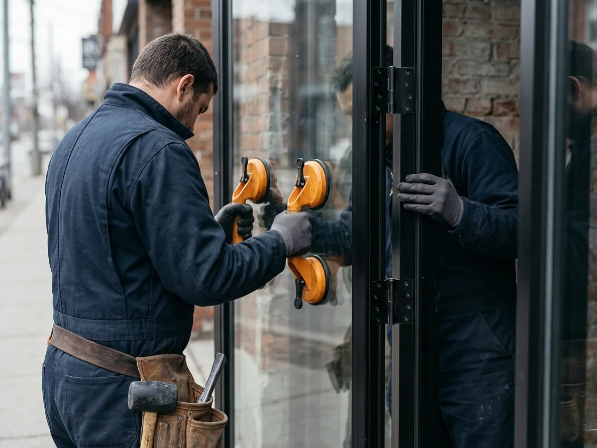 Glazier setting a laminated glass pane into an aluminum restaurant entrance door in Toronto