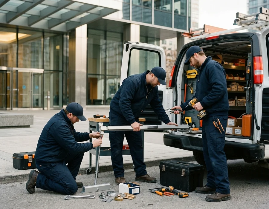 Three commercial door technicians in navy workwear beside a service van outside a Toronto office tower