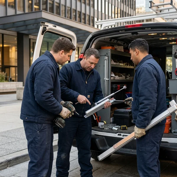 Three commercial door technicians in navy workwear beside a service van outside a Toronto office tower