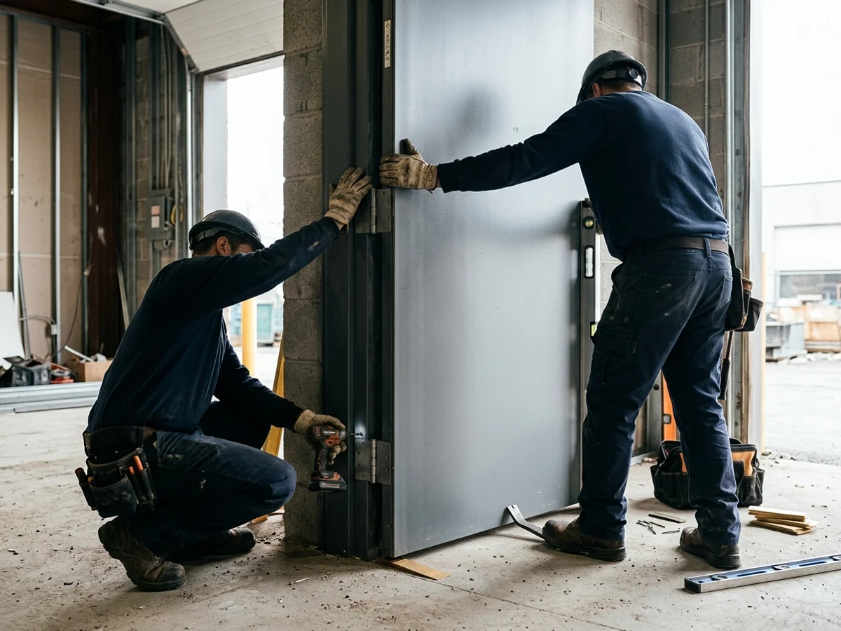 Installers hanging an insulated 16-gauge hollow metal door in a new welded frame at a warehouse