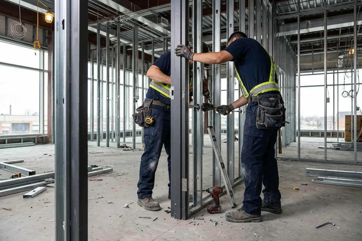 Setting hollow metal frames in steel stud walls before drywall