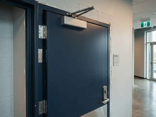 Labelled fire-rated hollow metal stairwell door and frame
