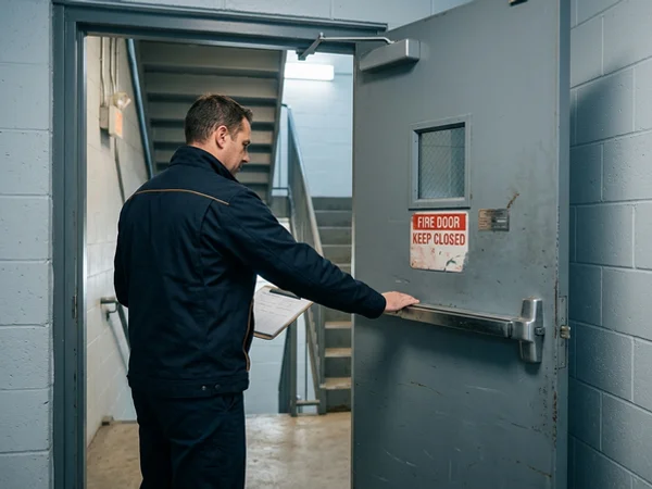 Mortise exit device tested for free egress on a stairwell door
