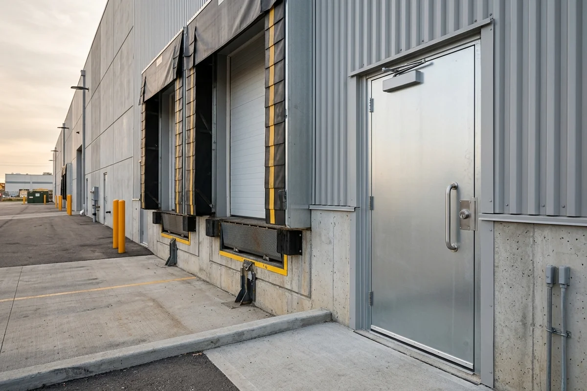 New galvanneal steel pedestrian door beside dock levellers at a Vaughan warehouse