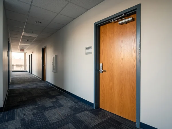 New solid-core wood door hung in an existing office corridor frame