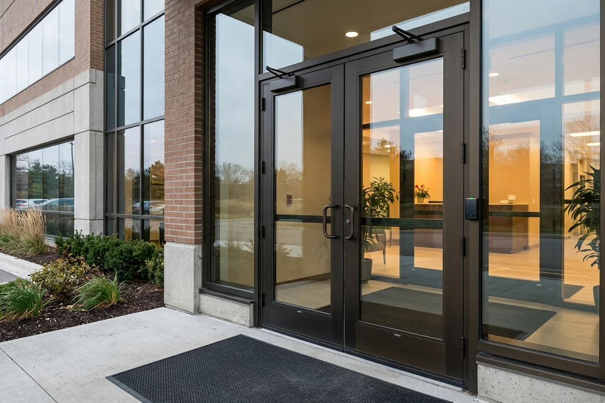 New wide stile aluminum vestibule entrance with card reader at a Mississauga office lobby
