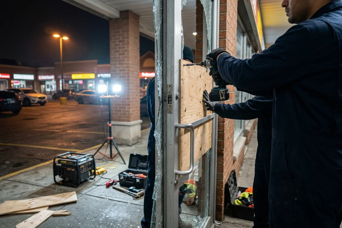 Night crew boarding up a shattered storefront door at a Scarborough plaza